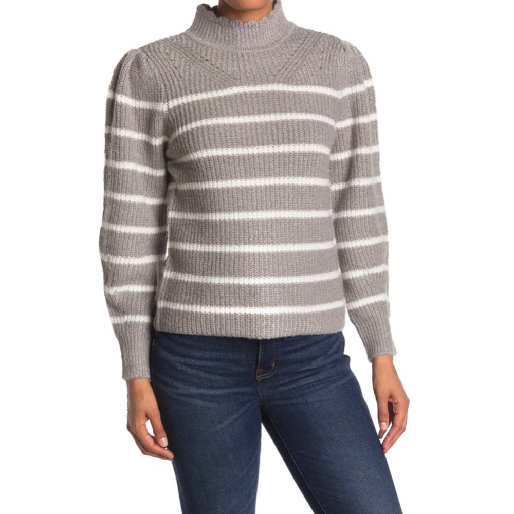 Femme By Design Scallop Mock Neck Striped Grey and White Sweater